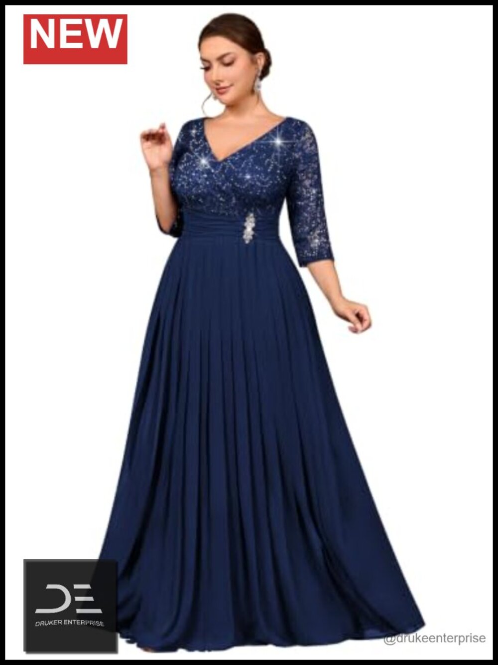 Plus Size Formal V Neck Lace Sequin Chiffon A-Line Maxi Dress